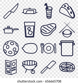 Restaurant icons set. set of 16 restaurant outline icons such as plate fork and spoon, pan, lemon, taco, drink, pizza, bbq, beef, menu, knife, butcher knife, asian food