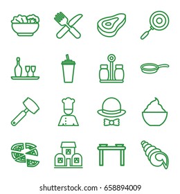 Restaurant icons set. set of 16 restaurant outline icons such as beef, drink, pizza, milkshake, fork and knife, chef, wine bottle and glass, food, pepper, building, pan, knife