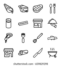 Restaurant icons set. set of 16 restaurant outline icons such as pepper, wrap sandwich, pizza, pie, fork, beef, shop, reserved, dish serving, corolla, knife, store, shell