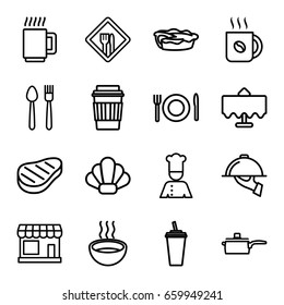 Restaurant icons set. set of 16 restaurant outline icons such as store, coffee, drink, pie, soup, beef, chef, plate fork and spoon, dish serving, pan, mug, shell