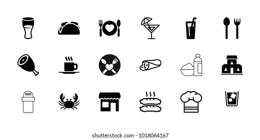 Restaurant icons. set of 18 editable filled and outline restaurant icons: beef, crab, fork and spoon, drink, plate with spoon and fork, cup, building, store, sausage, chef hat