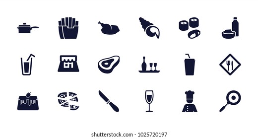 Restaurant icons. set of 18 editable filled restaurant icons: beef, pizza, drink and food, wine glass, shop, chef, wine bottle and glass, restaurant, chicken, pan, sushi