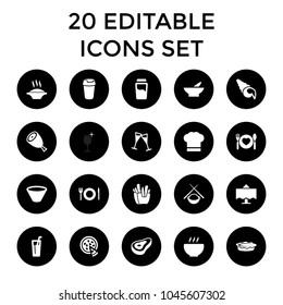 Restaurant icons. set of 20 editable filled restaurant icons such as beef, bowl, soup, french fries, drink, pie. best quality restaurant elements in trendy style.