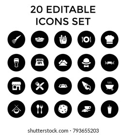 Restaurant icons. set of 20 editable filled restaurant icons such as pan, plate fork and spoon, french fries, drink. best quality restaurant elements in trendy style.