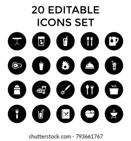 Restaurant icons. set of 20 editable filled restaurant icons such as fork and spoon, pan, drink, pepper. best quality restaurant elements in trendy style.