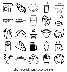 Restaurant icons. set of 25 editable outline restaurant icons such as mug, pepper, coffee, barbeque, taco, french fries, milkshake, drink and food, pie, take away food