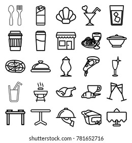 Restaurant icons. set of 25 editable outline restaurant icons such as restaurant table, dish, drink, clean wine glass, barbeque, table with plates and pan, pizza, milkshake