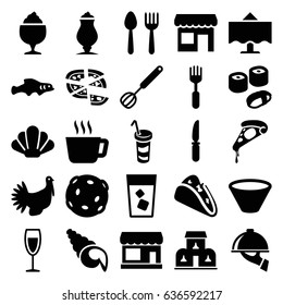 Restaurant icons set. set of 25 restaurant filled icons such as spoon and fork, store, taco, pizza, drink, milkshake, knife, fork, wine glass, turkey, restaurant table