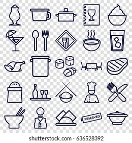 Restaurant icons set. set of 25 restaurant outline icons such as drink, pepper, asian food, milkshake, chicken, fork and knife, soup, beef, waiter, chef, wine bottle and glass