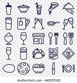 Restaurant icons set. set of 25 restaurant outline icons such as pepper, fork and spoon, drink, cocktail, lemon, pizza, taco, milkshake, knife, tea cup, wine glass