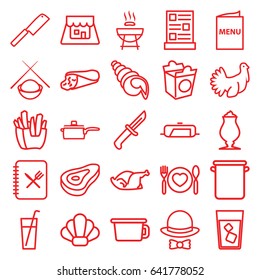 Restaurant icons set. set of 25 restaurant outline icons such as beef, pan, wrap sandwich, french fries, drink, milkshake, take away food, chicken, plate with spoon and fork