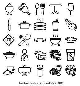 Restaurant icons set. set of 25 restaurant outline icons such as spoon and fork, beef, pepper, cocktail, drink, pizza, milkshake, coffee and croissant, pie, knife, table