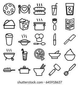 Restaurant icons set. set of 25 restaurant outline icons such as bowl, drink, asian food, milkshake, take away food, knife, fork, plate with spoon and fork, pizza, sausage