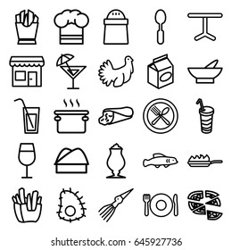Restaurant icons set. set of 25 restaurant outline icons such as plate fork and spoon, bowl, cocktail, wrap sandwich, french fries, pepper, pizza, milkshake, spoon, drink