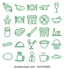 Restaurant icons set. set of 25 restaurant outline icons such as pepper, bowl, lemon, chicken, spoon and fork, plate with spoon and fork, cocktail, cup, wine glass, beef, shop