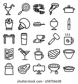 Restaurant icons set. set of 25 restaurant outline icons such as restaurant table, beef, drink, cocktail, coffee, pizza, french fries, pepper, milkshake, coffee and croissant