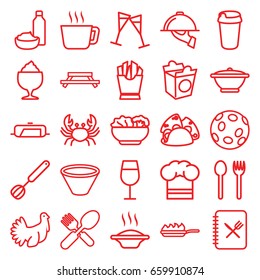 Restaurant icons set. set of 25 restaurant outline icons such as crab, pan, cocktail, drink, french fries, taco, milkshake, drink and food, take away food, fork and spoon