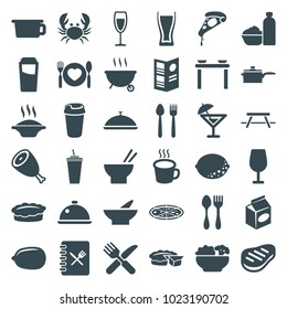 Restaurant icons. set of 36 editable filled restaurant icons such as beef, bowl, drink, cocktail, lemon, soup, pot, table with plates and pan, pizza, asian food