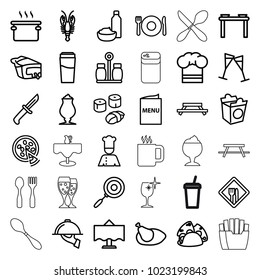 Restaurant icons. set of 36 editable outline restaurant icons such as plate fork and spoon, crab, drink, table, pan, table with plates and pan, taco, milkshake, pie