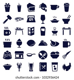Restaurant icons. set of 36 editable filled restaurant icons such as store, drink, cocktail, coffee, barbeque, pan, table with plates and pan, asian food, milkshake, pie