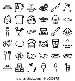 Restaurant icons set. set of 36 restaurant outline icons such as dish, beef, pan, cocktail, lemon, drink, pie, pasta and wine glass, spoon, fork, take away food