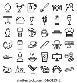 Restaurant icons set. set of 36 restaurant outline icons such as crab, drink, cocktail, clean wine glass, taco, milkshake, burrito, coffee and croissant, pie, take away food