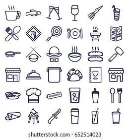 Restaurant icons set. set of 36 restaurant outline icons such as plate fork and spoon, dish, drink, cocktail, wrap sandwich, taco, pie, fork and spoon, soup, wine glass