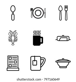 Restaurant icons. set of 9 editable outline restaurant icons such as mug, pan, spoon, plate fork and knife, tea cup, menu, plate fork and spoon