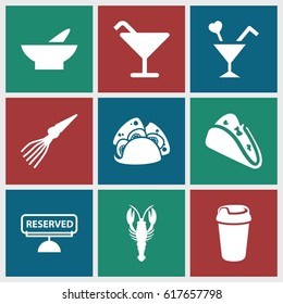 Restaurant icons set. set of 9 restaurant filled icons such as crab, bowl, Cocktail, taco, drink, cocktail, reserved