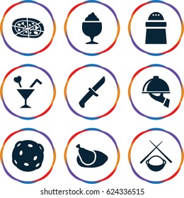Restaurant icons set. set of 9 restaurant filled icons such as pepper, milkshake, pizza, cocktail, chicken, dish serving, asian food, extinct sea creature