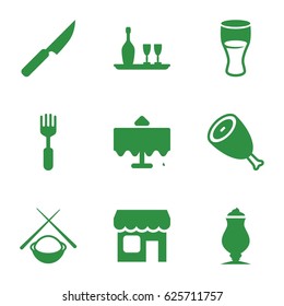 Restaurant icons set. set of 9 restaurant filled icons such as beef, restaurant table, drink, milkshake, fork, shop, wine bottle and glass, knife