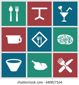 Restaurant icons set. set of 9 restaurant filled icons such as pizza, fork and knife, table, cocktail, restaurant, chicken, bowl, pot