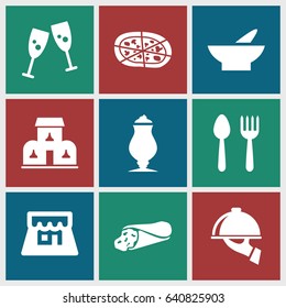 Restaurant icons set. set of 9 restaurant filled icons such as spoon and fork, bowl, wrap sandwich, milkshake, pizza, shop, dish serving, building