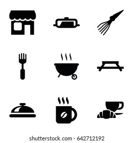 Restaurant icons set. set of 9 restaurant filled icons such as pan, dish, coffee, coffee and croissant, fork, shop, barbeque, extinct sea creature