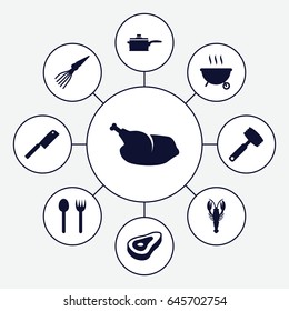 Restaurant icons set. set of 9 restaurant filled icons such as beef, crab, chicken, pan, butcher knife, knife, barbeque, extinct sea creature