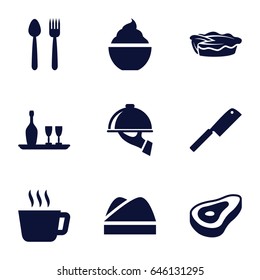 Restaurant icons set. set of 9 restaurant filled icons such as beef, milkshake, pie, wine bottle and glass, chef hat, dish serving, butcher knife, tea