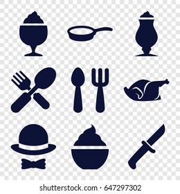 Restaurant icons set. set of 9 restaurant filled icons such as fork and spoon, milkshake, chicken, hat and bow, pan