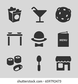 Restaurant icons set. set of 9 restaurant filled icons such as cocktail, take away food, spoon, shop, menu, hat and bow, sushi, extinct sea creature