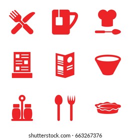Restaurant icons set. set of 9 restaurant filled icons such as pie, fork and knife, tea cup, menu, pepper, chef hat and spoon, bowl