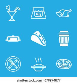 Restaurant icons set. set of 9 restaurant filled and outline icons such as pan, taco, drink, pizza, chicken, spoon and fork, cocktail, shop