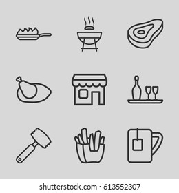 Restaurant icons set. set of 9 restaurant outline icons such as beef, french fries, tea cup, chicken, shop, wine bottle and glass, pan-fry, knife