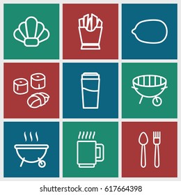 Restaurant icons set. set of 9 restaurant outline icons such as drink, Lemon, french fries, bbq, sushi, mug, shell, barbeque