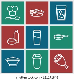 Restaurant icons set. set of 9 restaurant outline icons such as beef, drink, drink and food, pie, chef hat and spoon