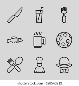 Restaurant icons set. set of 9 restaurant outline icons such as fork and spoon, fork, chef, hat and bow, knife, mug, extinct sea creature, extinct fish