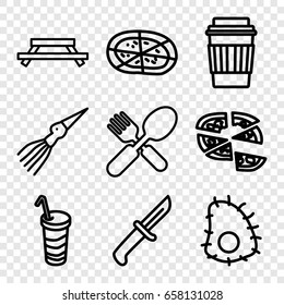 Restaurant icons set. set of 9 restaurant outline icons such as drink, pizza, fork and spoon, extinct sea creature, knife