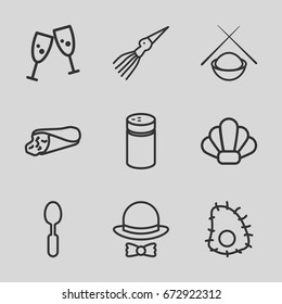 Restaurant icons set. set of 9 restaurant outline icons such as pepper, wrap sandwich, spoon, hat and bow, asian food, shell, extinct sea creature