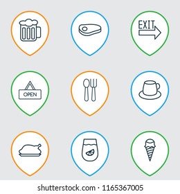 Restaurant icons set with beef, tea, exit sign and other coffee cup elements. Isolated vector illustration restaurant icons.