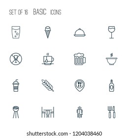 Restaurant icons set with beer, disposable tea, wc and other hot drink elements. Isolated vector illustration restaurant icons.