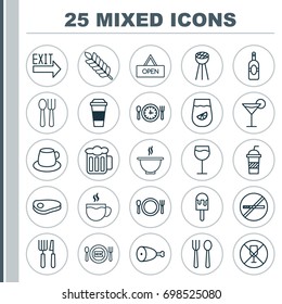 Restaurant Icons Set. Collection Of Ale, Wineglass, Cocktail And Other Elements. Also Includes Symbols Such As Placard, Exit, Bbq.