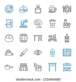restaurant icons set. Collection of restaurant with bar, table, pizza, stores, pan, menu, smoothie, fish, knife, stove, barrel, beer, cake. Editable and scalable restaurant icons.